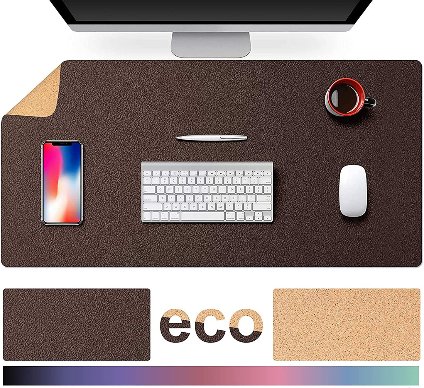 Large Natural Cork & Leather Desk Mouse Pad, Double-Sided Desk Protector, Smooth Surface Mouse Pad, Waterproof Desk Mat for Office/Home/Gaming (32" X 16" Coffee)
