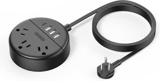 10Ft Long Extension Cord Power Strip with USB Ports,  Flat Plug Power Strip with 3 Outlet 4 USB(1 USB C), Wall Mount Charging Station for Home Office, Dorm Room, Travel, ETL Listed, Black